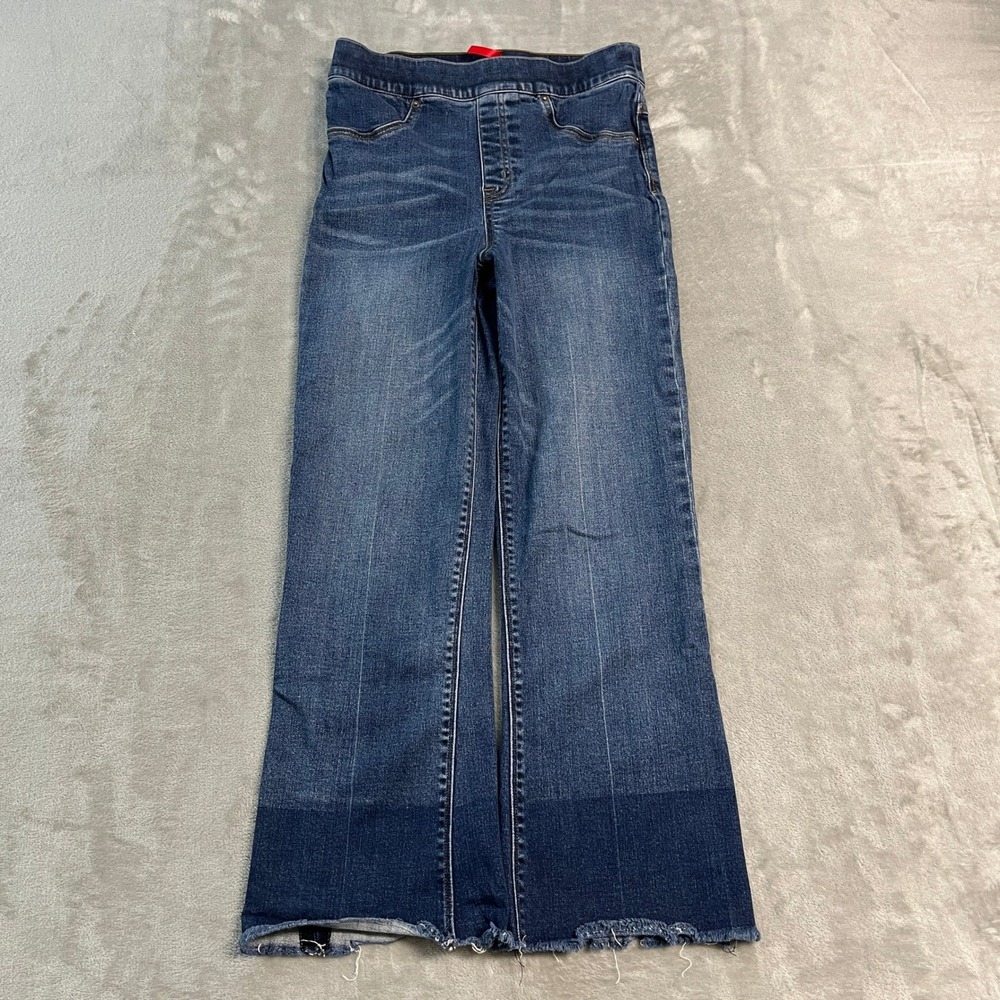 Spanx Cropped Flare Jeans Womens Small Blue Denim Pull On Raw Hem High Rise